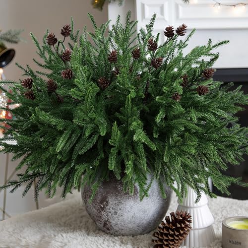 Artificial Christmas Norfolk Pine Stems Branches for Vases,12 Bundles Fake Pine Stems with 2 PCS Small Pinecones Branches Faux Evergreen Real Touch Greenery for Xmas Holiday Winter Table Indoor Decor - color: Small Pine Cones