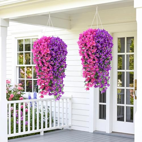ATTGREAT Artificial Bougainvillea for Outdoors Faux Plants UV Resistant Flowers Fake Plastic Plants Realistic Silk Flowers for Porch Planter Garden Hanging Decoration, 2Pcs (Purple & Purple Red) - color: Purple & Purple Red