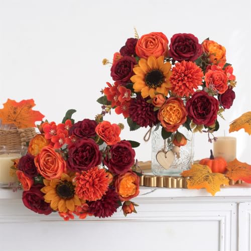 4 Pcs Mixed Autumn Artificial Peony Flower Set-2 Bouquets & 2 Stems, Burnt Orange Wine Red Fake Peony Sunflower Silk Flower for Fall Table Centerpiece Farm Wedding Thanksgiving Halloween Home Decor - color: Burnt Orange & Burgundy, size: Mixed 4pcs