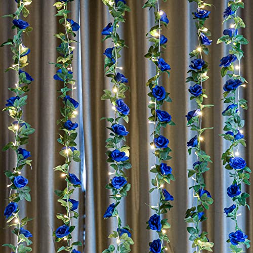 4 Pack (32FT) Artificial Rose Vine Fake Flowers Garland Hanging Silk Rose Ivy Plants Vine for Wedding Arch Party Garden Home Bedroom Office Wall Aesthetic Art Décor (Royal Blue) - color: Blue