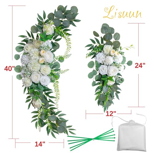 Lisuun Artificial Wedding Arch Flowers with Chiffon Runner, Pack of 3 | Includes 2 Flower Swags, 1 20ft Chiffon Runner and Zip Ties for Wedding Arches, Arbors and Backdrops - color: Creamy White&ivory White