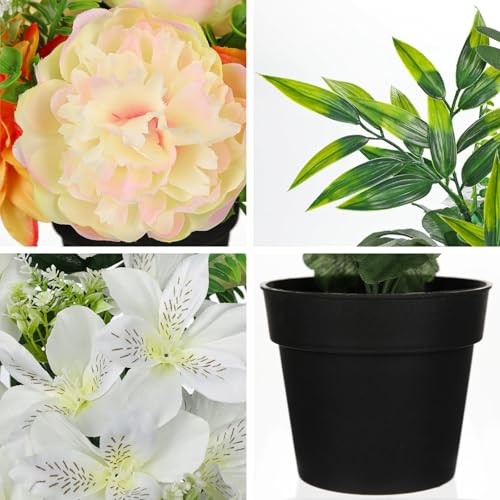 GnFlus Yellow Artificial Flowers Small Fake Flowers in Vase Peonies Dahlia Tiger Lily Potted Silk Flower Arrangements Faux Plants & Flowers Home Bathroom Kitchen Table Centerpieces Desk Decor - color: Yellow
