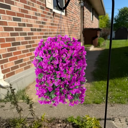 INSPRING Artificial Bougainvillea Faux Flowers Plants Baskets for Outdoor Outside Decoration, 3PCS Fake Silk Flowers Long Trailing Vines UV Resistant Realistic for Front Door Porch Patio (Purple) - color: Purple