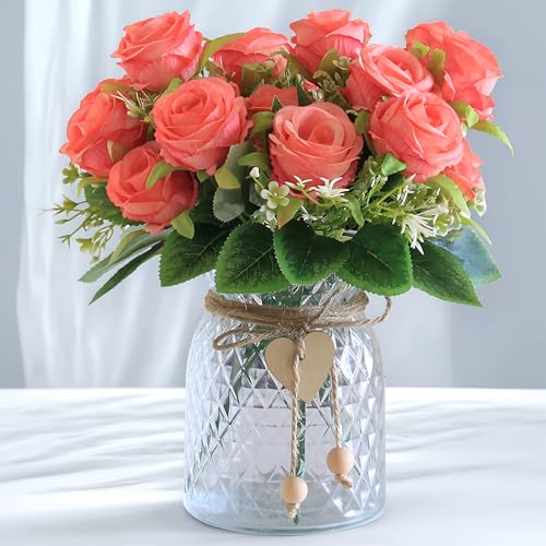 Faux Flowers in Vase, 18 Pcs Fake Rose Flowers, Artificial Flowers for Home Decor, Indoor Centerpiece for Living Room & Dining Table - Pink - color: Pink Rose