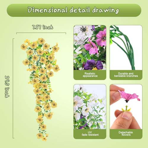 Artificial Hanging Flowers for Outdoors, 6PCS Faux Silk Artificial Flowers for Outdoors, UV Resistant Fake Flowers, No Fade Trailing Greenery, Decor for Home Porch Patio Balcony Garden Yard - color: Double Purple + White + Yellow