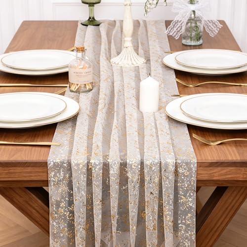 10FT Gold Gauze Table Runner Sheer Glitter Metallic Foil Tulle Table Runner 120 Inch Sequin Bridal Wedding Dining Centerpiece for Birthday Christmas Anniversary Home Decor for Party - color: Gold, size: 10 ft × 1 pc