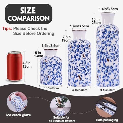 Chinoiserie Decor Ceramic Vases Set - 3 Blue and White Vase, Chinoiserie Vase Farmhouse Country, Flower Vases Home Decor, Living Room Decoration, Entrance, Fireplace, Table Decoration, Centerpieces - color: Blue Floral