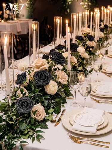 N&T NIETING Artificial Flowers Black Glitter Flowers Foam 25pcs Glitter Roses Real Touch Fake Roses with Stem for DIY Wedding Bouquets Centerpieces Bridal Shower Party Halloween Home Decorations - color: Glitter Black, size: 25pcs