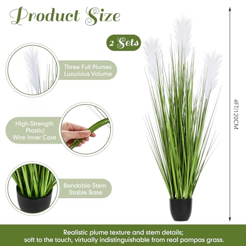 Jexine 2 Pcs 4 ft Artificial Tall Grass Plants for Outdoor Faux Tall Grasses Plant with Reed Flowers Potted Fake Greenery Plants for Housewarming Gift House Garden Lobby Outdoor Decoration (White) - color: White