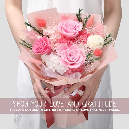 Casaido Preserved Flowers for Delivery, Mothers Day Pink Flower Bouquets with Necklace, Forever Real Roses Anniversary Birthday Valentines Day Christmas Rose Gifts for Women Mom Wife Girlfriend - color: Pink