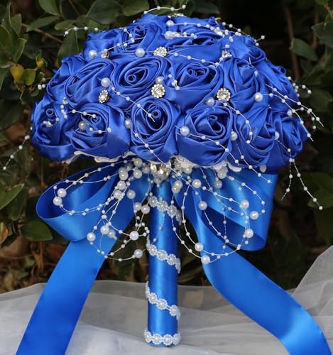 Ujicde Romantic Wedding Bouquet Bridal Bridesmaid Round Bling Brooch Bouquet Throw Toss Artificial Rose Flower Bunch with Sparkle Rhinestone Crystal Decoration(Royal Blue,Dia. 6.3"*16cm) - color: Royal Blue, size: Dia. 6.3"*16cm