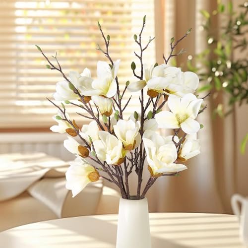 4 PCS 35inch Artificial Magnolia Flowers 3D Real Touch 20 Heads Faux Magnolia Flowers Realistic Long Stem with Green Leaves for Home Wedding Table Office Floral Arrangement Decoration (White) - color: White, size: 4 PCS