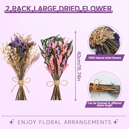 2 Pack Large Dried Flower Bouquets 15.7 inch Lavender Baby Breath Forget Me Not Boho Wedding Decor DIY Home Decorations Preserved Floral Arrangement Gifts Purple, Pink - color: Purple, Pink