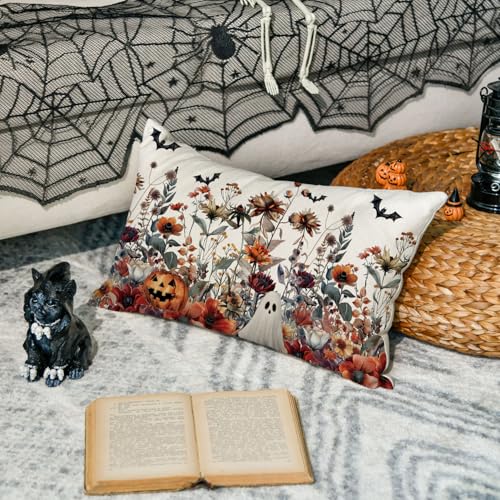 AVOIN colorlife Halloween Horror Wildflowers Throw Pillow Cover, 12 x 20 Inch Pumpkin Ghost Bat Cushion Case Decoration for Sofa Couch - size: 20" x 12" (Pack of 1)