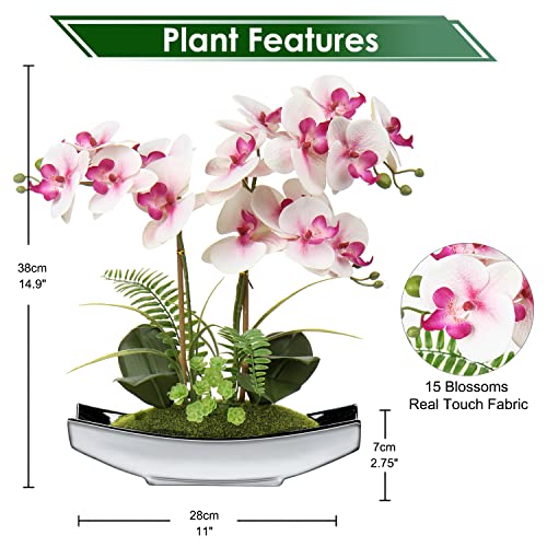 Briful Orchids Artificial Flowers 15" Light Pink Phalaenopsis Orchid with Silver Pots Real Touch Faux Orchid Plant for Home Office Bathroom Living Room Decoration - color: Pink#1