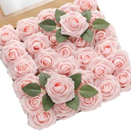 DerBlue 60pcs Artificial Roses Flowers Real Looking Fake Roses Artificial Foam Roses Decoration DIY for Wedding,Arrangements Party Home Decorations - color: Blush Pink