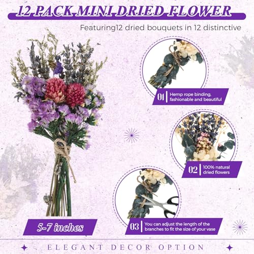 Layhit 12 Pcs Boho Dried Flower Bouquet Mini Wedding Handmade Dry Flowers Decor for Vase Crafts DIY Photo Boutonniere for Men Floral Plant for Bridesmaid Gift Birthday Decor(Romantic) - style: Lavender