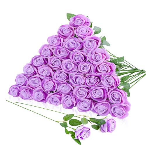 36 Pcs Light Purple Velvet Silk Rose Bouquet Bridal Artificial Flowers, Lavender Fake Rose Long Stem Realistic Flowers Bulk for DIY Wedding Ball Arrangement Centerpiece Home Party Decor - color: Light Purple