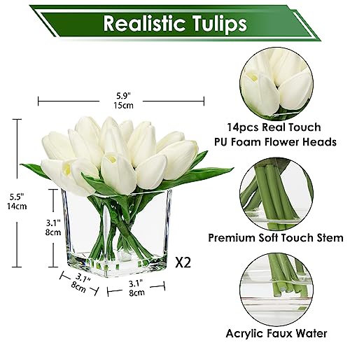 DILATATA Artificial White Tulips in Vase with Faux Water 5.5" Real Touch Flowers Fake Tulips Small Flowers Arrangement in Cube Glass Vase for Mother's Day Table Centerpiece Wedding Home Decor - color: Square Vase/White/1 Set