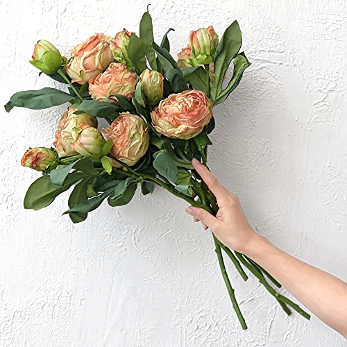 FiveSeasonStuff Vintage Dusty Coral Pink Peonies — Artificial Silk Flowers with Intentional Aged, Naturally Textured Petals, 6 Stems - color: Dusty Coral Pink (6 Stems)