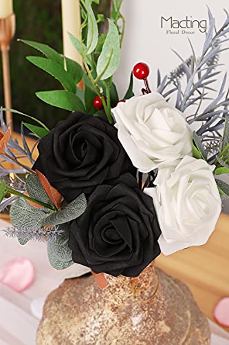MACTING 30PCS Artificial Flower Roses Black and White Fake Flowers with Stem Real Touch Foam Roses for Wedding Kissing Ball Corsage Party Baby Shower Home Christmas Decorations - color: 15pcs Black + 15pcs White, size: 30PCS