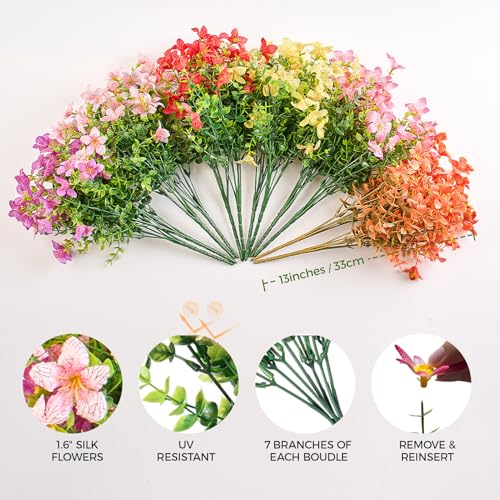Artificial Flowers for Outdoors Patio Decoration 12 Bundles Fake Flower Lily UV Resistant Faux Plants Yard Garden Porch Home Boxwood Planter Patio Decor, Mix Pink Purple Yellow Orange Red Flower - color: B 6 Mix Colors Lily 12pcs
