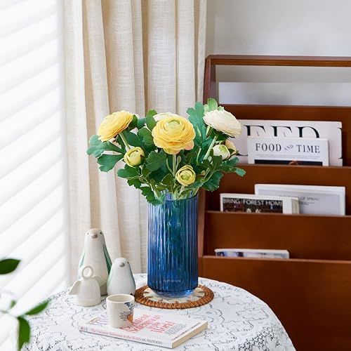 TIMEFOTO 7.5 inch Blue Glass Flower Vase for Pampas Grass, Medium Decorative Centerpiece Ribbed Vase for Dining Table, Office Desktop, Shelf Bookshelf, Mantel, Entryway, Bathroom, Countertop,Gift - color: Blue, size: 7.5 inch