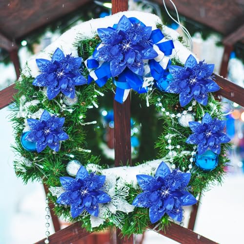 Geosar 36 Pcs Christmas Glitter Artificial Poinsettia Flowers Xmas Poinsettia Artificial Wedding Flowers Decorations Xmas Tree Ornaments with Clips for Party, 6 Inch, 4 Inch, 3 Inch(Royal Blue) - color: Royal Blue
