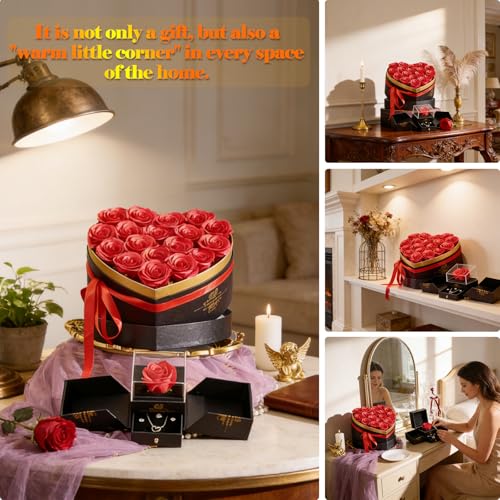 Artificial Forever Preserved Flowers Box & Preserved Roses with Necklace Ring Earrings,Gifts for Mom Grandma Women Girlfriend Wife on Birthday Mothers Day Valentines Christmas Anniversary Wedding