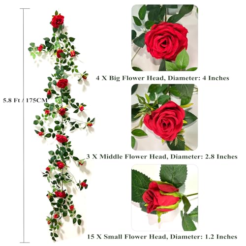 5.9FT Bendable Rose Flower Garlands, Artificial Silk Wild Roses Vine Hanging Flowers for Wall Fireplace Fence Table centerpieces Trellis Wedding Indoor Outdoor Spring Decor（Red,1PC） - color: Red, size: 1