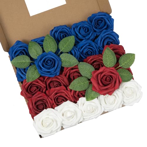 DuHouse 25Pcs Artificial Roses Flowers Fake Rose with Stems Real Touch Foam Flowers for DIY Wedding Bouquet Party Centerpiece Floral Arrangement Party Home Decor(Blue White Red) - color: Blue White Red, size: 25pcs
