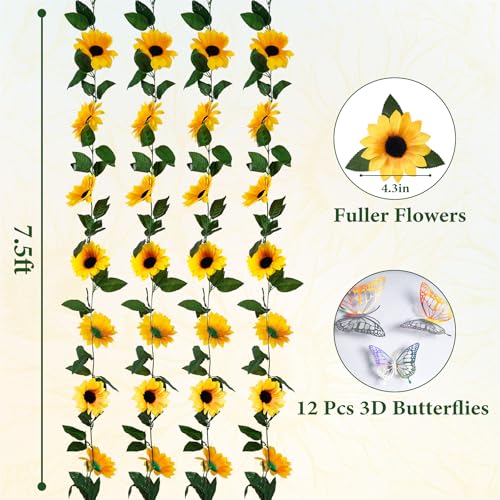 4 Pack Artificial Sunflower Garland Decorations,7.5ft Silk Sunflowers Hanging Fake Vines with Green Leaves,Garland for Table Mantel Birthday Backdrop Garden Wedding Wall Decor,No Fade & Easy Clean - color: Yellow4, size: 4 Pack