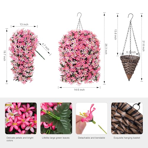 Hoppwodd Artificial Flower for Outdoors 4pcs Fake Lily Hanging Flower Baskets for Outside UV Resistant Silk Faux Long Trailing Vines for Garden Porch Patio, Pink & Light Pink - color: Pink & Light Pink