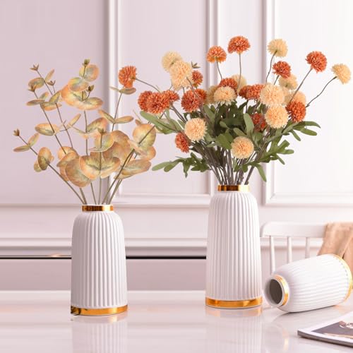 Pompom Mum Artificial Flowers,8 Stems Faux Kiku Flower with 3 Branches Eucalyptus Stems Mixed Orange Flowers Silk Pom Pom Balls for Wedding Bouquet Home Party Floral Arrangements(Mixed Orange) - color: Mixed Orange