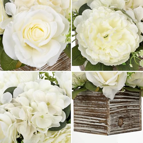 Flower Arrangement with Wooden Vase 8" Artificial Flowers in Pot - Fake Flowers Roses Peonies Hydrangeas in Wooden Vase Potted Artificial Flower Centerpieces for Table Decor Living Room - White - color: 8"h White