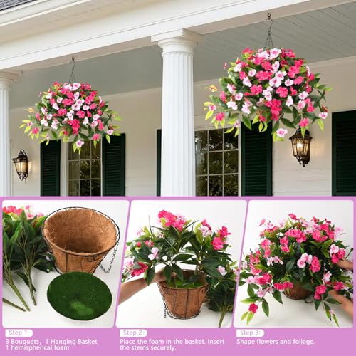Hommyea Artificial Fake Hanging Flowers Plants Basket for Outdoors Outside Decoration UV Resistant Faux Silk Flowers Look Real Plastic Flowers for Spring Planters Home Porch Patio Garden Decor - color: 3psc Rose Pink