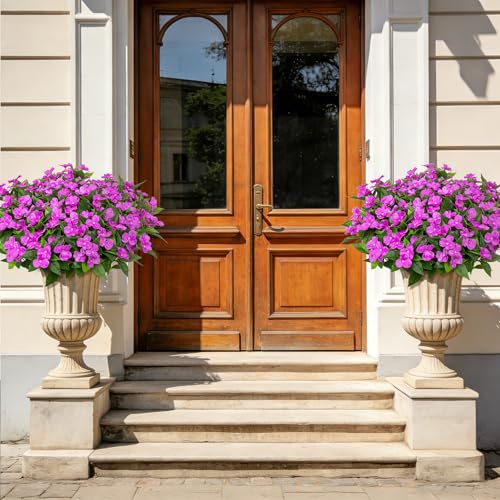Artificial Flowers for Outdoors Decorations, 6 Bundles Realistic Impatiens Silk Faux Flowers UV Resistant Fake Plants for Outside Pot Patio Garden Porch Planters Window Box Balcony Indoor Home Decor - color: Purple