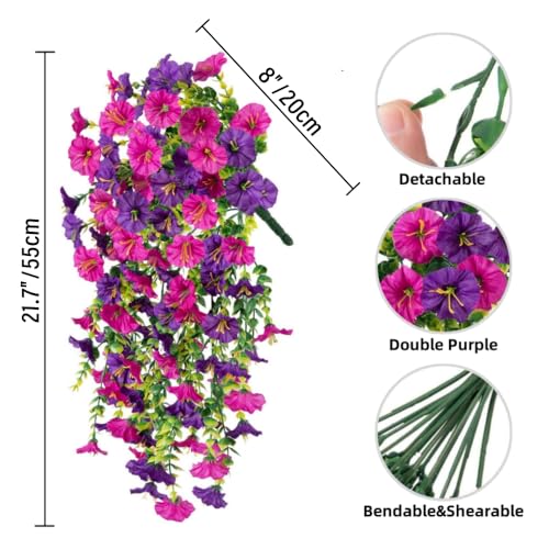 4PCS Artificial Hanging Flowers for Outdoor Hanging Plants Faux Morning Glory UV Resistant Silk Spring Summer Flower for Garden Porch Yard Patio Balcony (Double Purple) - color: Double Purple