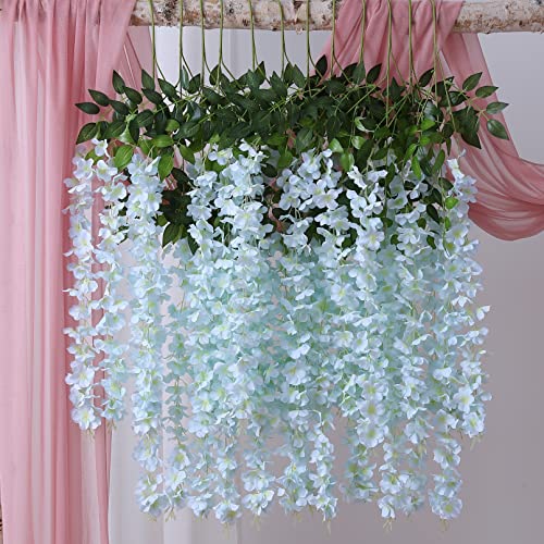 Duovlo 12 Piece Artificial Silk Wisteria Vine 3.6 Feet Hanging Flower Garland String Home Party Wedding Decor (Light Blue) - color: Light Blue