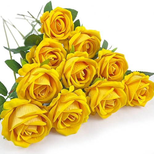 10 PCS Artificial Roses with Long Stems Silk Flowers Realistic Foam Flowers Fake Roses for Valentine's Day Home Wedding Halloween Decor(Yellow) - color: Yellow