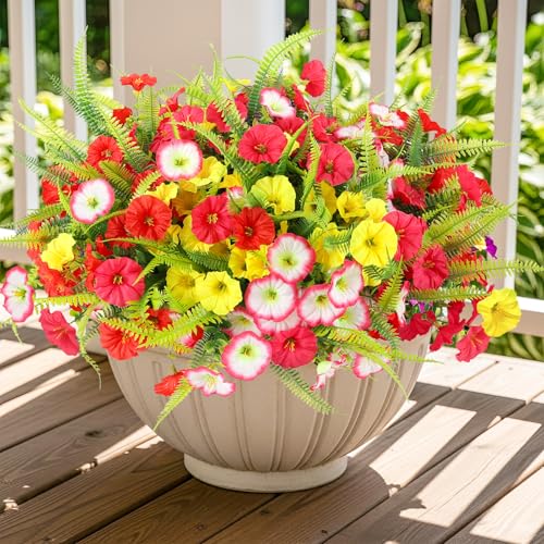 Outdoor Flowers UV Resistant Artificial Flowers 12 Bundles Artificial Petunias Fake Flowers Shrubs Plants with Fern for Indoor Outside Hanging Planters Home Garden Spring Summer Decorations - color: Red, Rose Red, Pink, Yellow