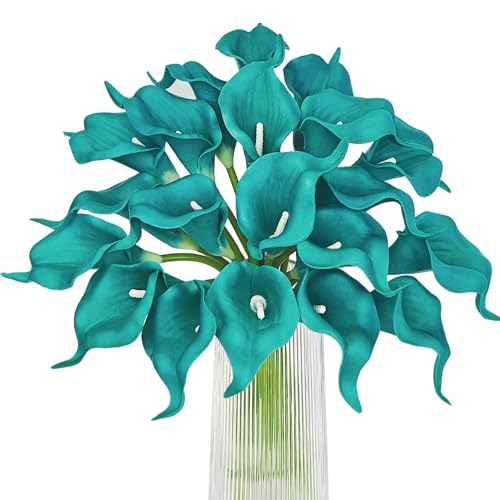 Letjolt Teal Calla Lily Artificial Flowers 20 Pieces Bouquet | Wedding Bouquet, Bride Shower Gift, Home Decoration, Faux Flowers - color: Teal Blue