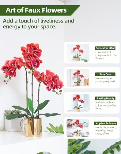 Artificial Orchid Flowers Set Real Touch Faux Flower in Vase Faux Butterfly Orchid Lifelike Orchid Arrangement for Wedding Home Office Party Hotel Decoration - color: Light Red