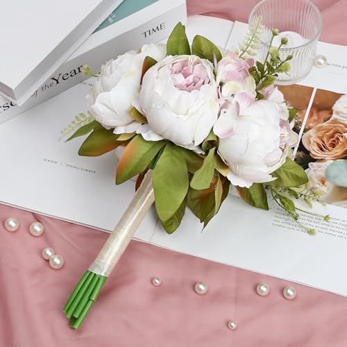 White & Purple Bridesmaid Bouquet for Wedding, an Artificial Silk Peonies Flowers Bouquet for Marriage Decorations - color: White & Purple