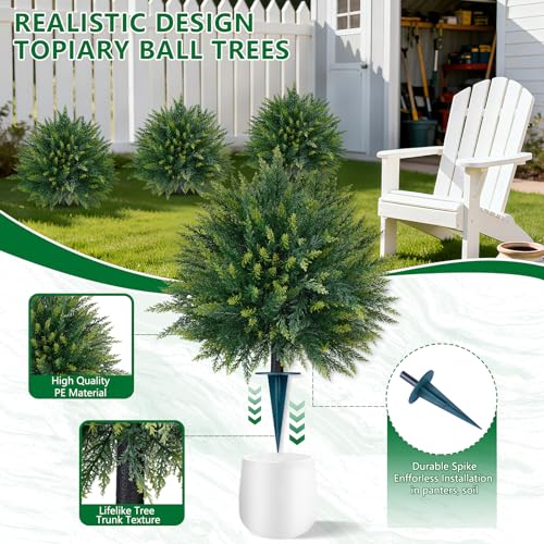 Artificial Cedar Topiary Trees with Ground Spike, 4 Pieces Fake Pine Shrubs Bushes, UV Resistant Faux Evergreen Cypress Tree Plants for Indoor Outdoor Planters Front Porch - color: Cedar Ball 4pcs