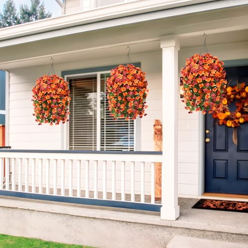 INQCMY Artificial Fake Hanging Plants Flowers Basket for Fall Autumn Outdoor Decoration,Faux Silk Begonia in Planter UV Resistant Realistic for Outside Home Porch Patio Balcony Yard Decor - color: Orange Brown