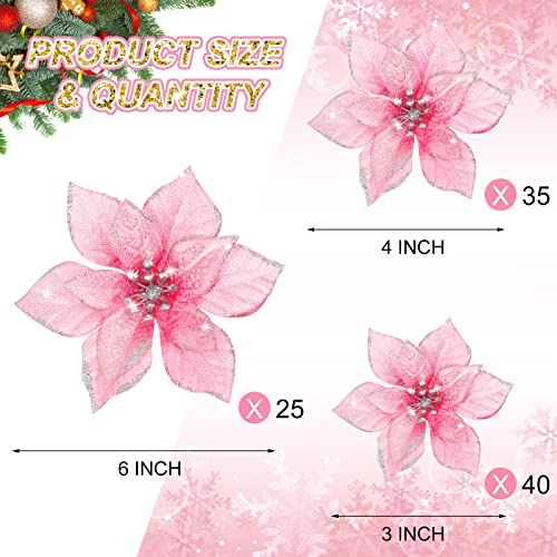 Geosar 100 Pcs 3 Size Christmas Poinsettia Flowers with Clips Glitter Artificial Flowers Small Christmas Tree Ornaments Faux for Xmas Party DIY Craft Wreath Garland New Year, 3/4/6 Inches(Pink) - color: Pink