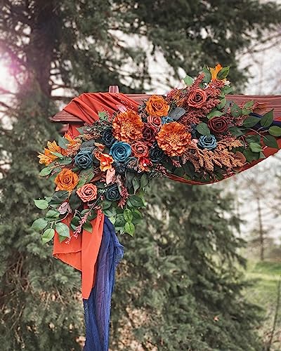 FACINOC Roses Artificial Flowers Bouquet Box Set Fake Flower for DIY Bridal Wedding Shower Decorations Centerpieces for Table Faux Silk Floral Arrangement for Party Home Decor Indoor Teal Orange - color: S (Orange, Teal)