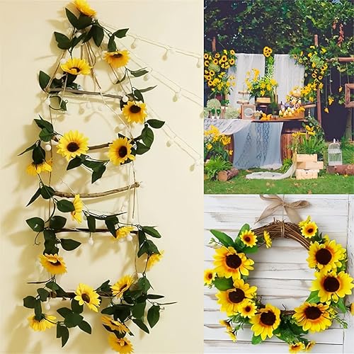 3 Pack Artificial Sunflower Garland Decor,7.5ft Artificial Sunflower Garland Hanging Sunflower Vines with Green Leaves