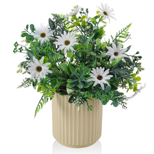 Artificial Flower and Fake Plants in Ceramic Pot,Artificial Plants Indoor, Fake Flowers in Vase for Table Centerpiece Decorations, Faux Plants Flowers Arrangement for Home Office Decoration - color: Green&white